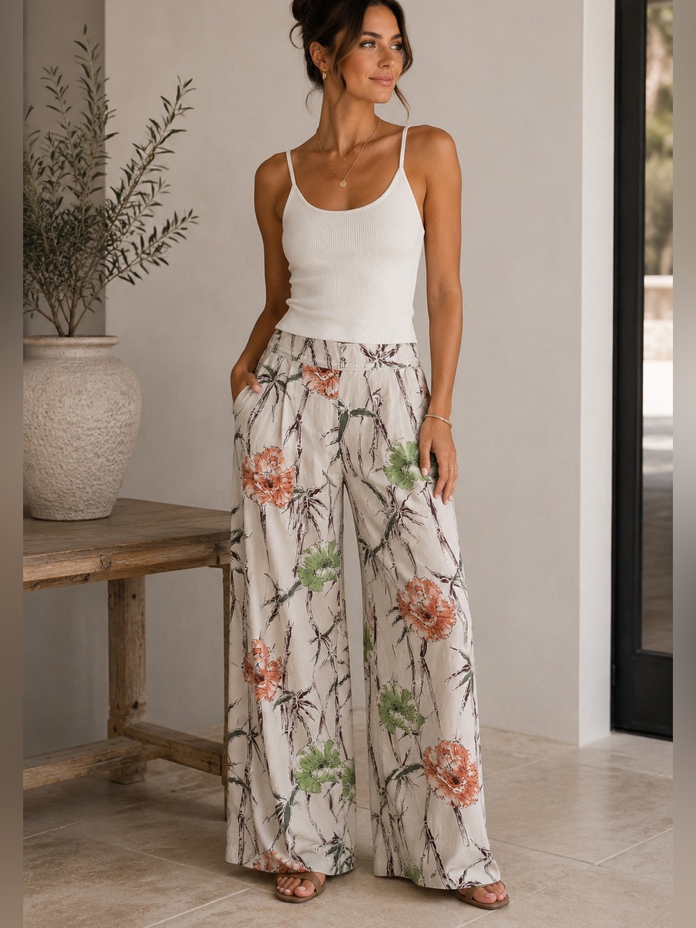 Anthropologie Mod-O-Doc 100% Silk Bamboo Floral Palazzo Pants